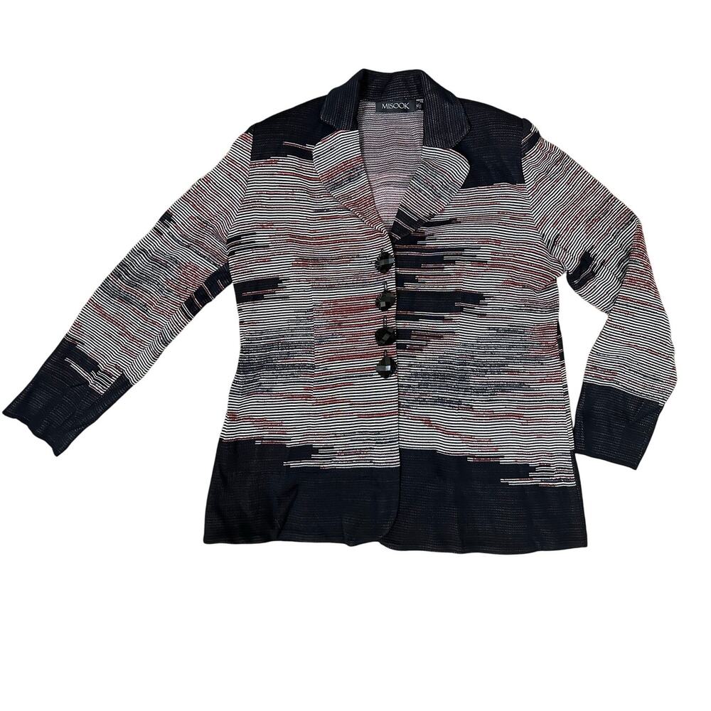 Misook Knit Blazer Black, Pink & Grey Abstract Stripe Button Front